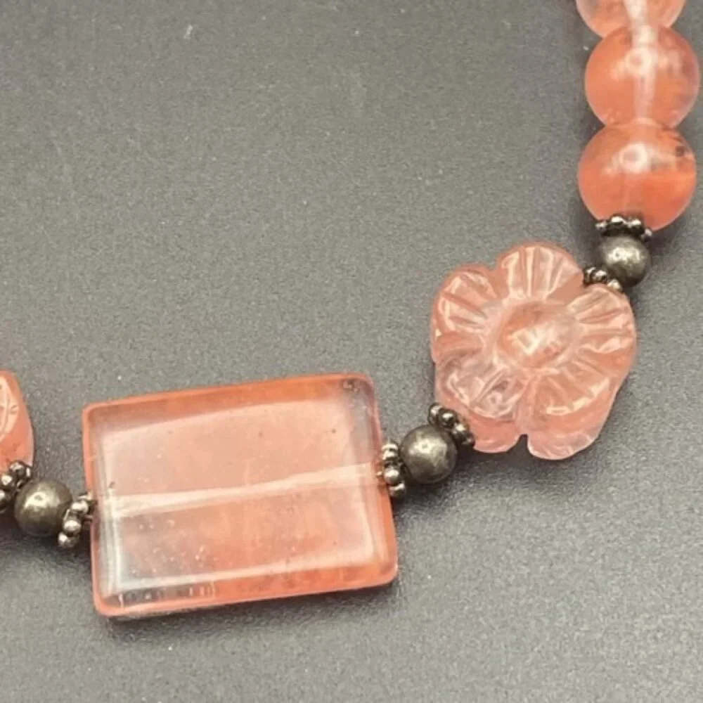 Strawberry Pink Quartz Bracelet Glass Flower Bead Sterling Silver Toggle 8" Boho - Picture 5 of 9